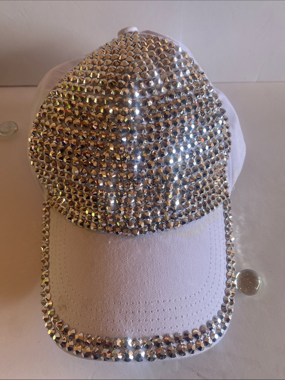 ☀️ White Cotton Rhinestone Embellished Baseball Hat | Bling
